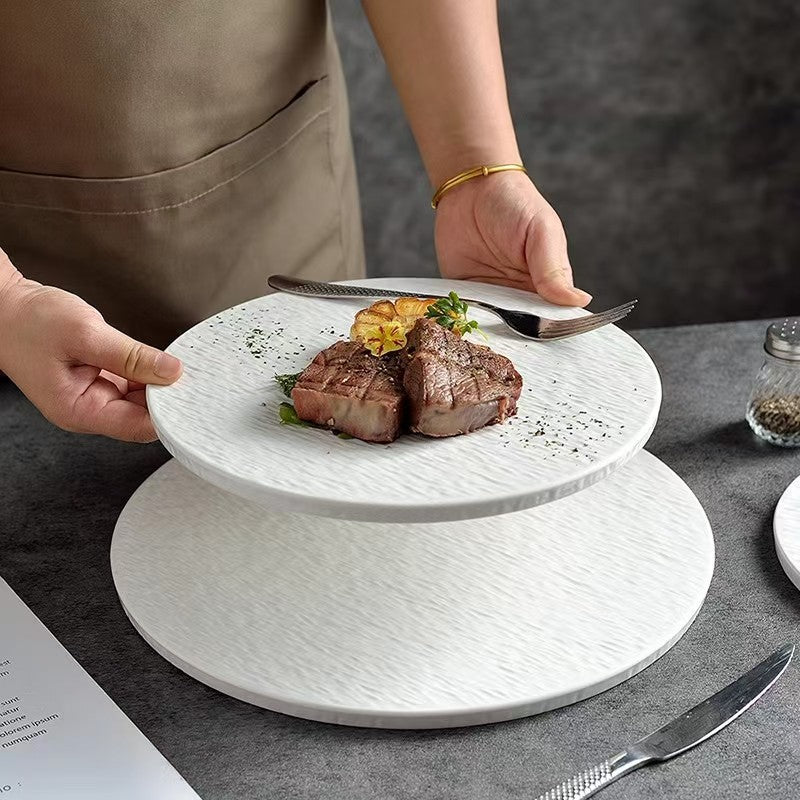 Stone-Patterned Ceramic Flat Plate Steak Plate